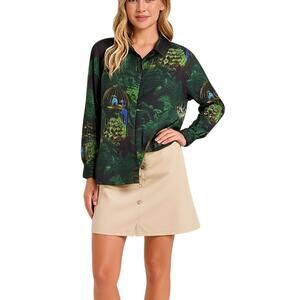 Fête Impériale Paris Green Botanical Peacock Print Button Front Blouse T36
